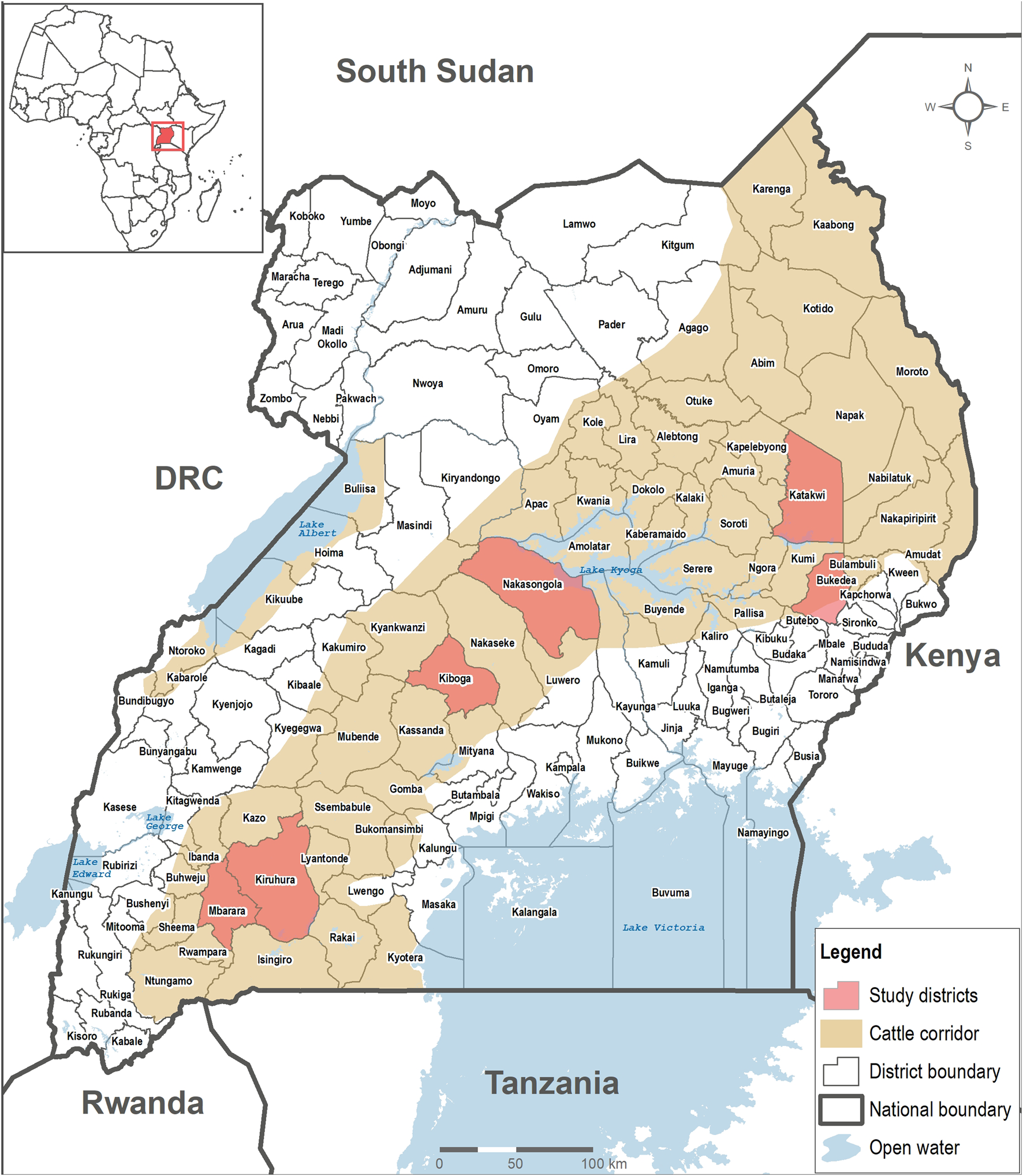 Map of Uganda showing study districts, cattle corridor, district boundaries, national boundaries, and open water. Highlighted study districts in red are spread across the cattle corridor, marked in beige. The map includes major bodies of water, such as Lake Victoria and Lake Albert. Surrounding countries are South Sudan, Kenya, Tanzania, Rwanda, and the Democratic Republic of the Congo. An inset locates Uganda within Africa.
