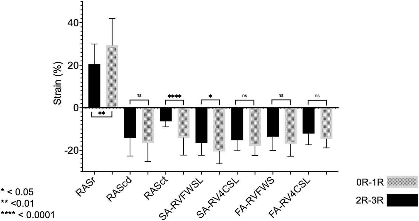 Bar graph depicting strain percentages (%) for different conditions, labeled as RASr, RAScd, RASct, SA-RVFVWSL, SA-RV4CSL, FA-RVFWS, and FA-RV4CSL. Strain percentages vary, with significance levels indicated by asterisks: * for p less than 0.05, ** for p less than 0.01, and **** for p less than 0.0001. Error bars are included. Two color patterns represent groups 0R-1R (gray) and 2R-3R (black).