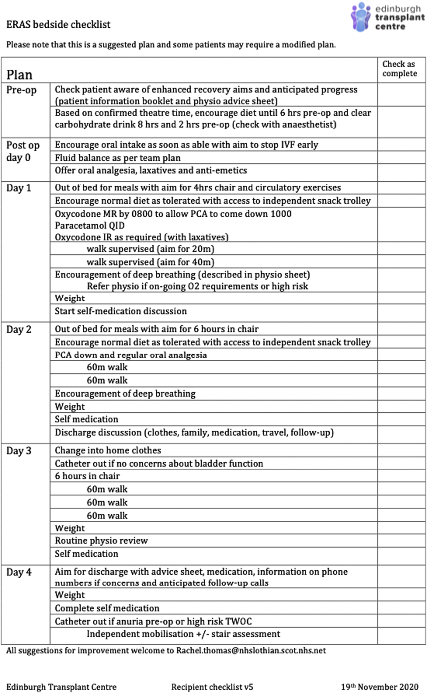 ERAS bedside checklist from the Edinburgh Transplant Centre, outlining a suggested recovery plan. It includes pre-operative and post-operative instructions from day zero to day four. Key tasks involve encouraging oral intake, supervised walking, managing medications, and self-medication discussions. The checklist also covers fluid balance, catheter removal, discharge discussions, and routine physio reviews with spaces to mark task completion.
