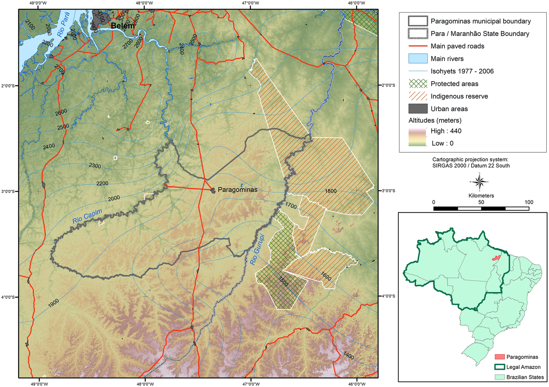 Map of Paragominas in Pará, Brazil, showing municipal and state boundaries, main roads, rivers, and altitude contours. It includes protected areas and indigenous reserves. An inset shows Paragominas' location in the Legal Amazon region of Brazil.