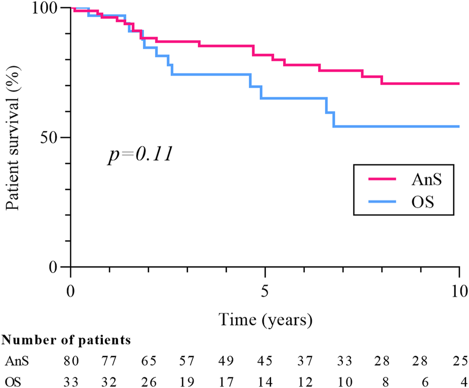 Kaplan-Meier survival curve showing patient survival percentages over 10 years. Two lines represent AnS (pink) and OS (blue) with a p-value of 0.11. The number of patients decreases over time, with AnS starting at 80 and ending at 25, and OS starting at 33 and ending at 4.