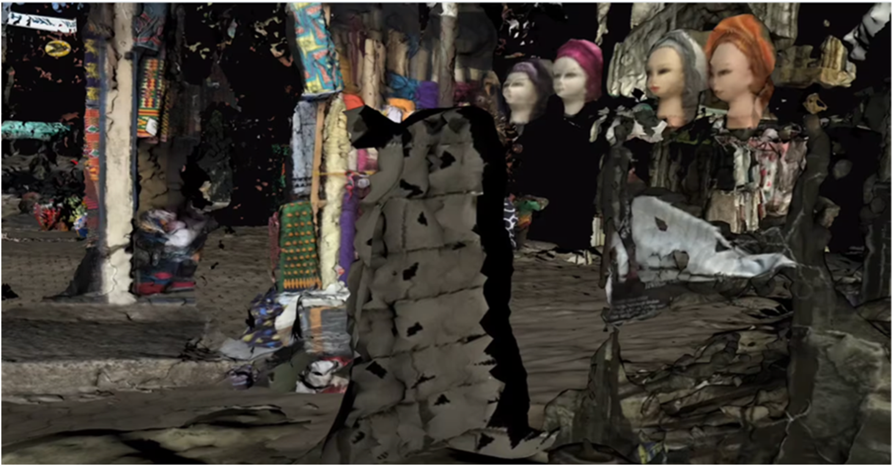 Abstract digital artwork depicting mannequins with stylized, colorful hair against a backdrop of distorted fabrics and patterns. The scene is surreal, with warped surfaces and vibrant colors blending into a textured environment.