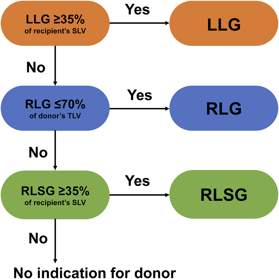 Flowchart for liver graft selection. Top step: LLG ≥35% of recipient’s SLV leads to LLG if yes, otherwise proceeds to RLG ≤70% of donor’s TLV. If yes, it leads to RLG. If no, it checks RLSG ≥35% of recipient’s SLV. If yes, it leads to RLSG; if no, indicates no donor.