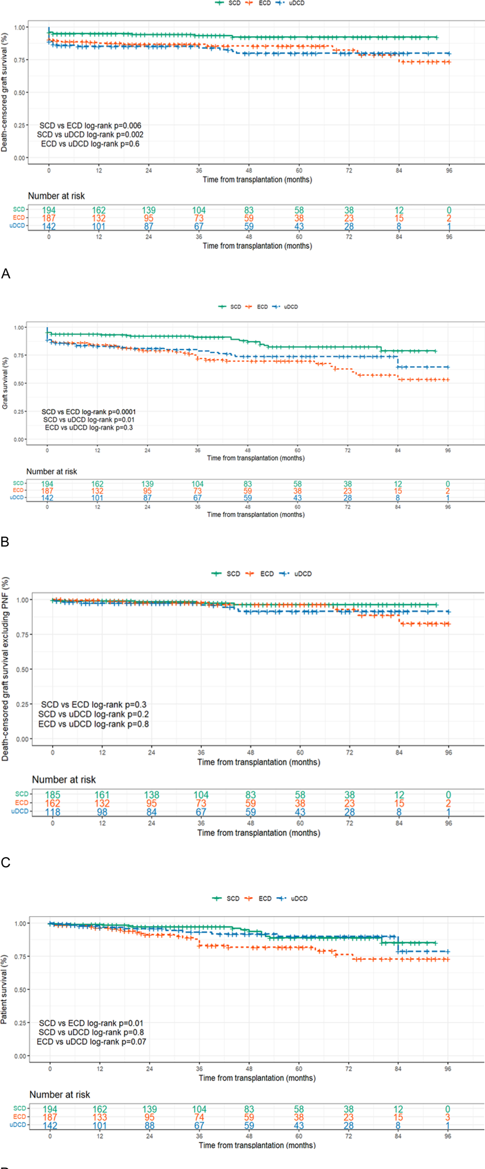 Two Kaplan-Meier survival plots compare graft survival over time for SCD, ECD, and uDCD groups. Plot A illustrates death-censored graft survival, while Plot B shows overall graft survival. SCD lines are in green, ECD in red, and uDCD in blue. Both plots include a statistical comparison using log-rank tests. Below each plot, a table lists the number at risk at various time points up to ninety-six months post-transplantation.