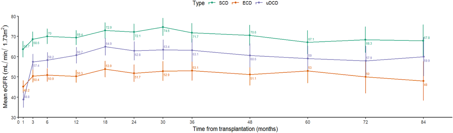 Line graph showing mean eGFR (mL/min/1.73m²) over 84 months post-transplant for three groups: SCD (green), ECD (orange), and uDCD (purple). SCD generally maintains higher eGFR levels throughout follow-up. uDCD demonstrates a marked improvement in eGFR during the first 3 months post-transplant, reaching a stable plateau thereafter, with long-term values consistently higher than those of ECD. ECD shows a gradual decline over time. Data points are labeled with exact eGFR values, and lines include 95% confidence intervals.