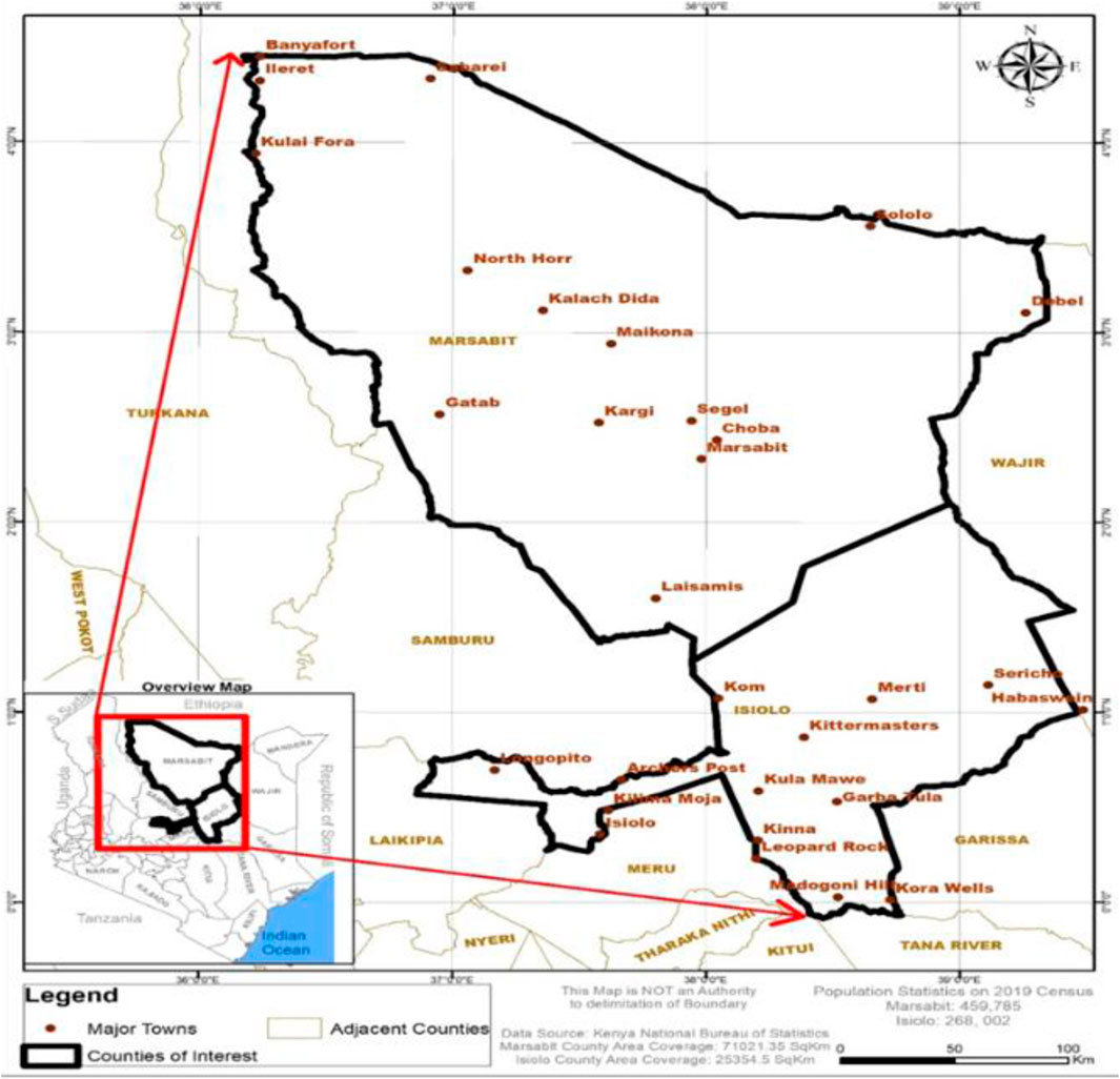 Map highlighting Marsabit County in Kenya, marked with major towns such as Banya Fort, Marsabit, and Laisamis. Adjacent counties labeled include Turkana, Samburu, Wajir, and Isiolo. An inset overview map shows Marsabit's location within Kenya. A legend indicates major towns and adjacent counties. The map includes a compass and scale bar.