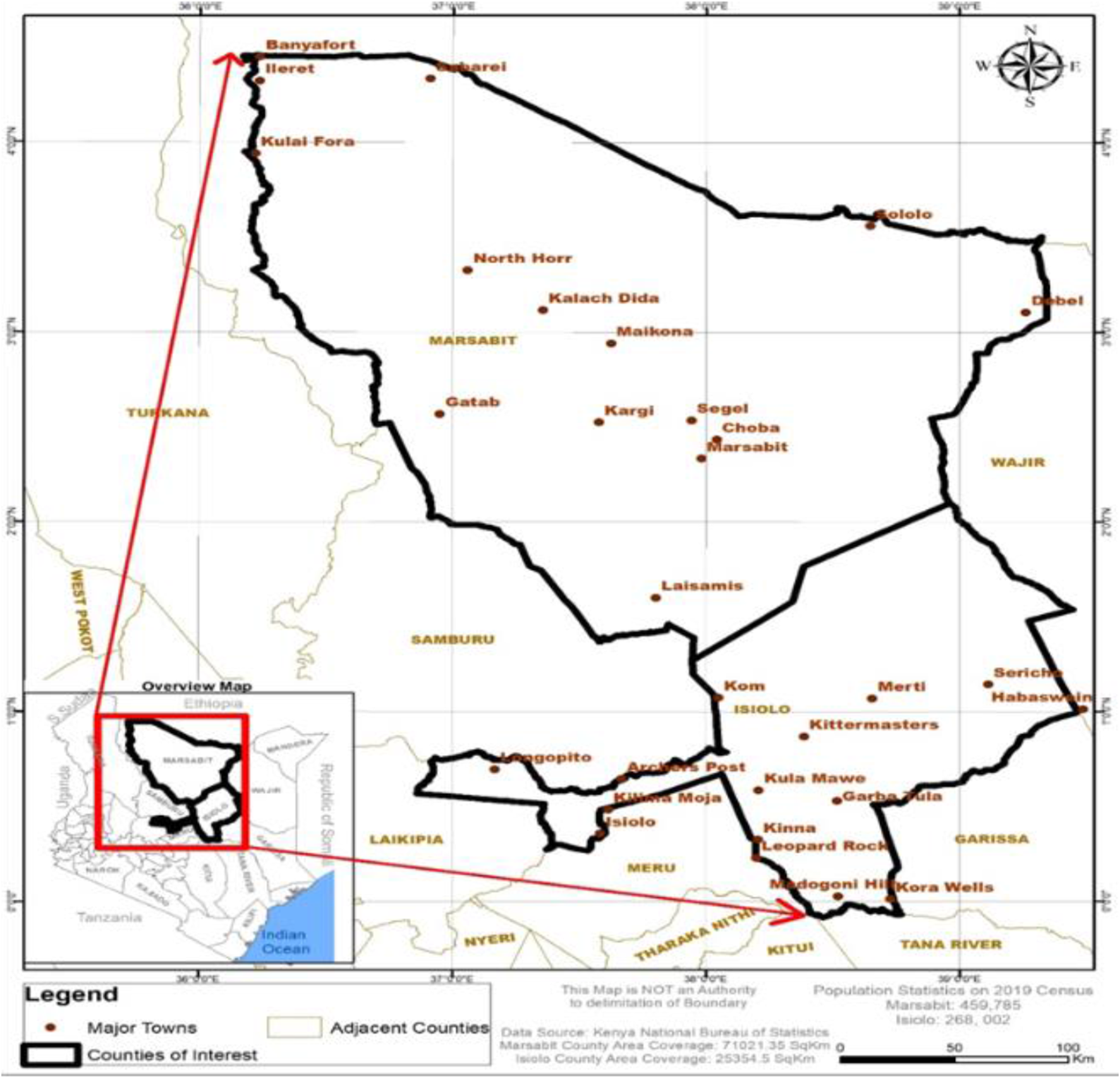 Map highlighting Marsabit County in Kenya, marked with major towns such as Banya Fort, Marsabit, and Laisamis. Adjacent counties labeled include Turkana, Samburu, Wajir, and Isiolo. An inset overview map shows Marsabit's location within Kenya. A legend indicates major towns and adjacent counties. The map includes a compass and scale bar.