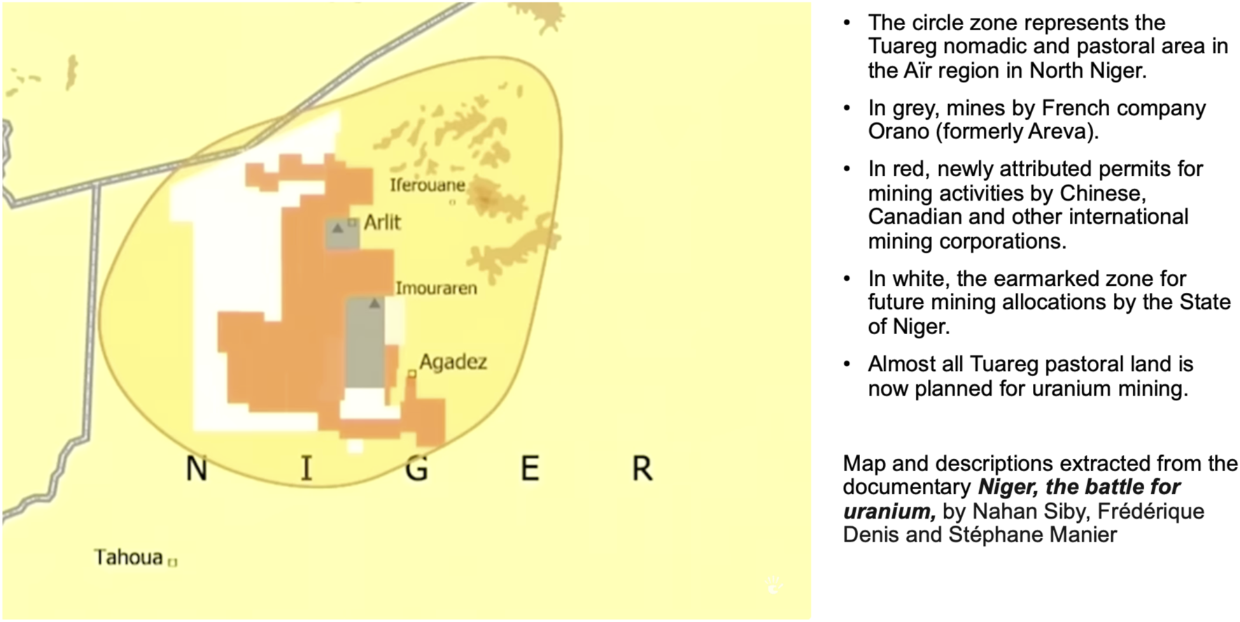 Map of the Aïr region in North Niger. The circle denotes the Tuareg nomadic area. Grey areas show mines by French company Orano. Red areas indicate new mining permits by international corporations. White areas are zones for future mining allocations by Niger's state. Most Tuareg land is now designated for uranium mining.