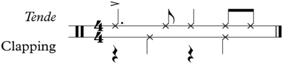 Musical notation for clapping in four-four time. It shows a sequence of rhythmic patterns for Tende with symbols indicating dynamics, notes, and rests.