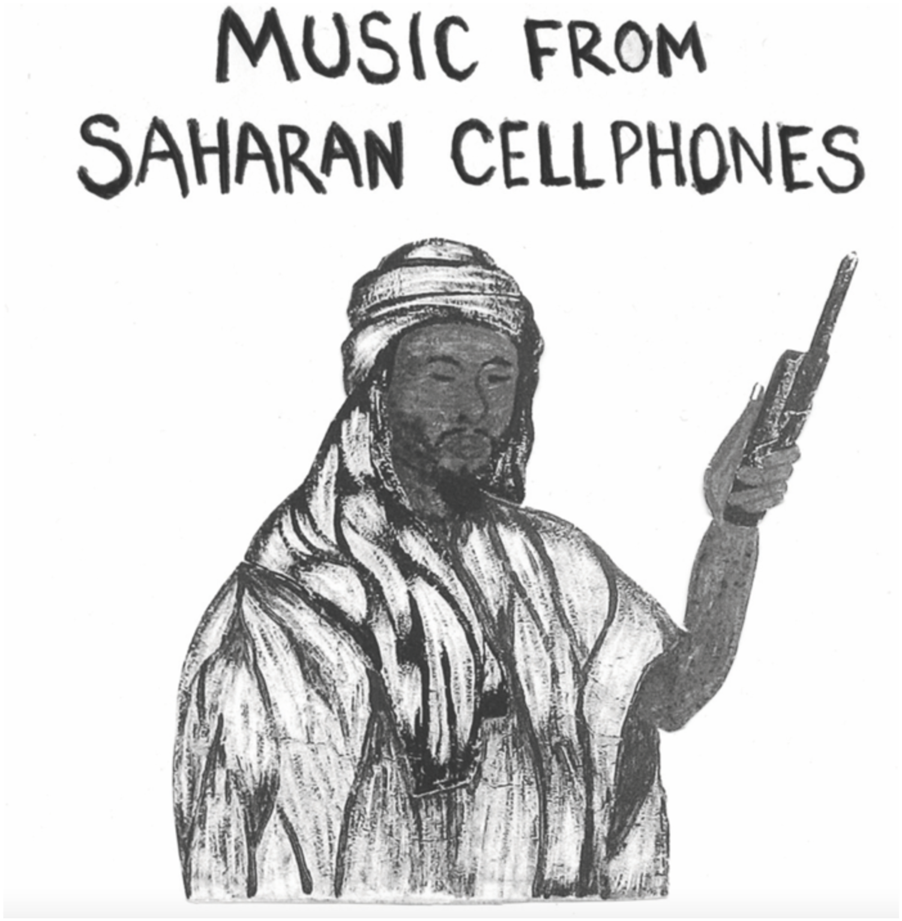 Illustration of a person wearing a traditional robe and turban, holding a cellphone. Above, the text reads "Music from Saharan Cellphones." The style is monochromatic and hand-drawn.