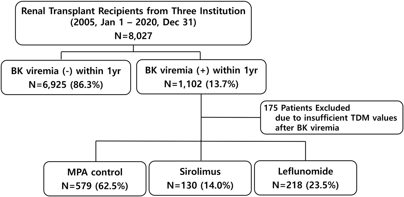 Flowchart illustrating renal transplant recipients from three institutions from January 1, 2005, to December 31, 2020, totaling 8,027. It shows 6,925 (86.3%) without BK viremia and 1,102 (13.7%) with BK viremia within one year. Of those with BK viremia, 175 were excluded due to insufficient TDM values. Remaining patients were divided into three groups: MPA control with 579 (62.5%), Sirolimus with 130 (14.0%), and Leflunomide with 218 (23.5%).