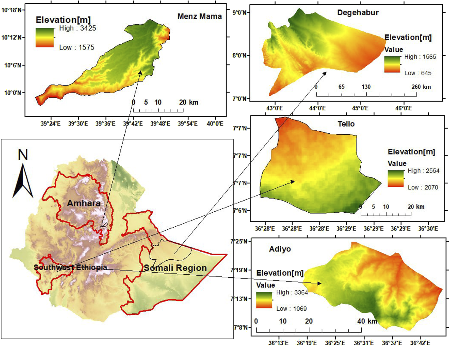 Map displays elevation data of regions in Ethiopia, including Amhara, Southwest Ethiopia, and Somali Region. Insets show detailed elevation maps for Menz Mama, Degehabur, Tello, and Adiyo with color scales indicating elevation from low to high.