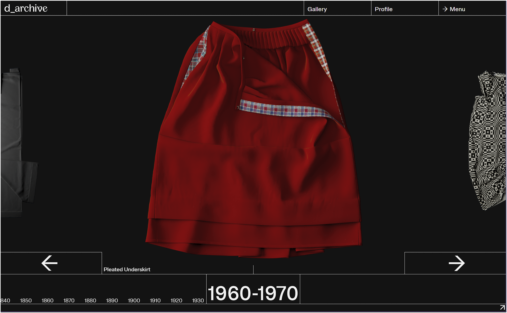 Red pleated underskirt from the 1960s to 1970s displayed on a black background. The skirt features a plaid lining visible at the waistband. The design interface includes navigation arrows and a timeline, with the focal period highlighted.