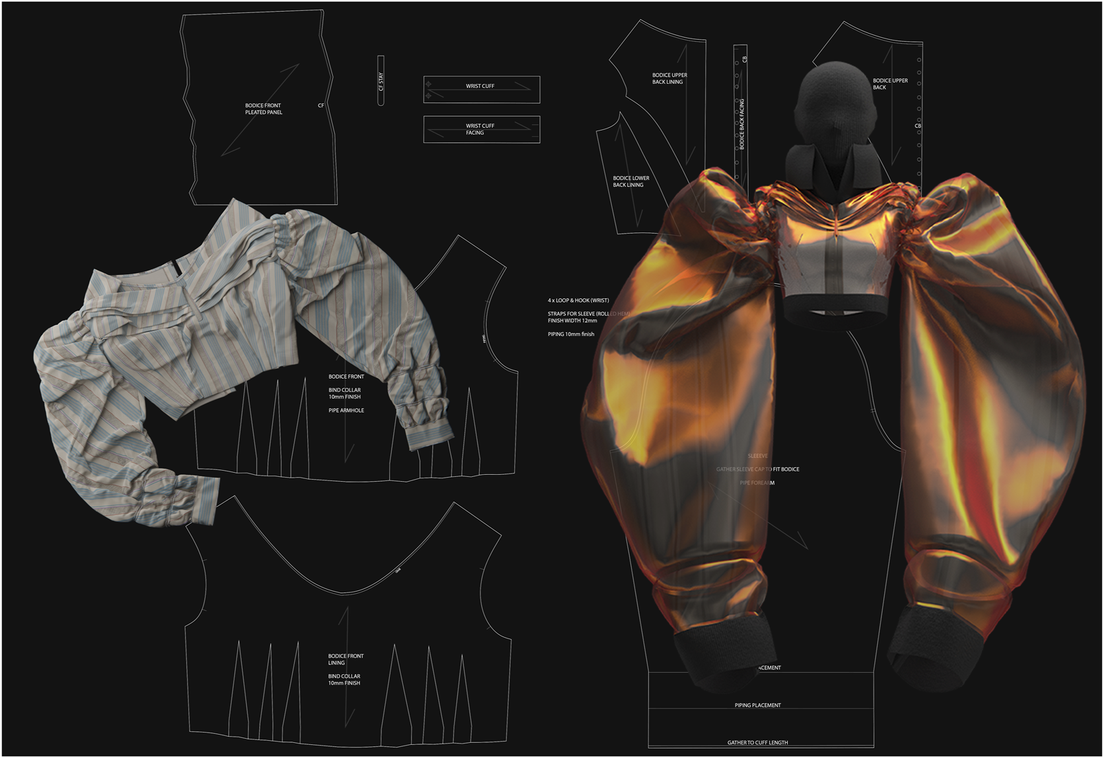 Garment patterns and styles are displayed against a black background. The left side shows a striped blouse with puffed sleeves and corresponding pattern pieces. The right side features a shiny, orange-toned garment with exaggerated sleeves, accompanied by its pattern pieces. Labels indicate specific sections like bodice front, wrist cuff, and sleeve details.