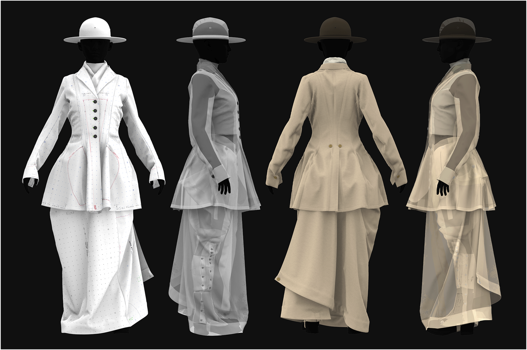Four figures dressed in historical-style, tailored outfits displayed against a black background. Each wears a wide-brimmed hat, with variations in fabric transparency and color, ranging from white to beige. The garments are long, buttoned, with flared peplum features and detailed sleeves.