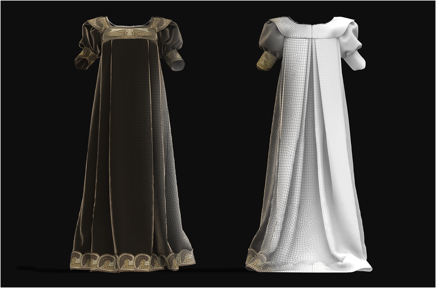 A digital rendering of a long dress viewed from the front and back. The left side shows the dress in a dark color with a decorative border at the bottom and grid lines, showing a texture pattern. The right side displays the dress in white, highlighting the back design and fabric draping, also with grid lines. The dress features short, puffed sleeves.