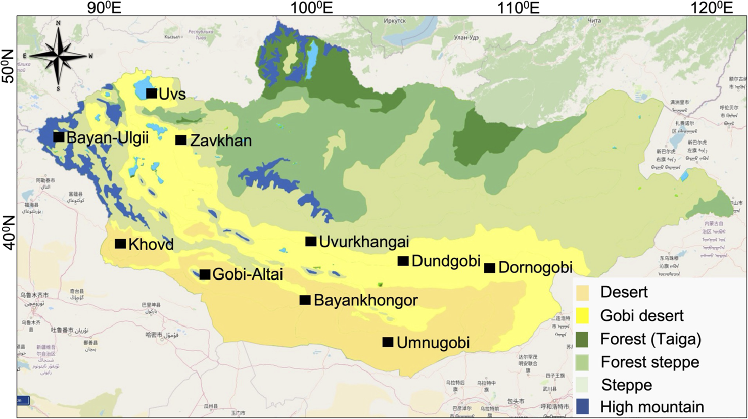 Map of Mongolia showing different ecological regions including desert, Gobi desert, forest (taiga), forest steppe, steppe, and high mountain areas. Key locations such as Bayan-Ulgii, Zavkhan, Khovd, Gobi-Altai, Bayankhongor, Uvurkhangai, Dundgobi, and Dornogobi are marked. A compass rose indicates north.