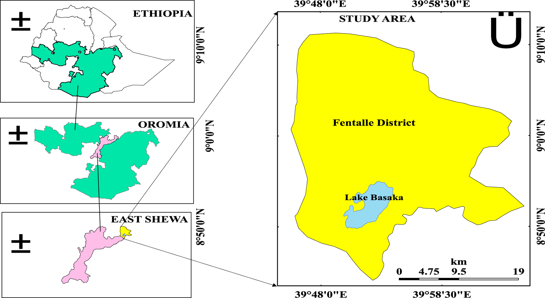 Map showing the location of the Fentalle District in Ethiopia, highlighted in yellow, with Lake Basaka marked. The map includes three insets: Ethiopia, Oromia, and East Shewa, each highlighted at different scales. The Fentalle District is situated within East Shewa in Oromia. The map indicates coordinates and a scale bar for distance measurement.