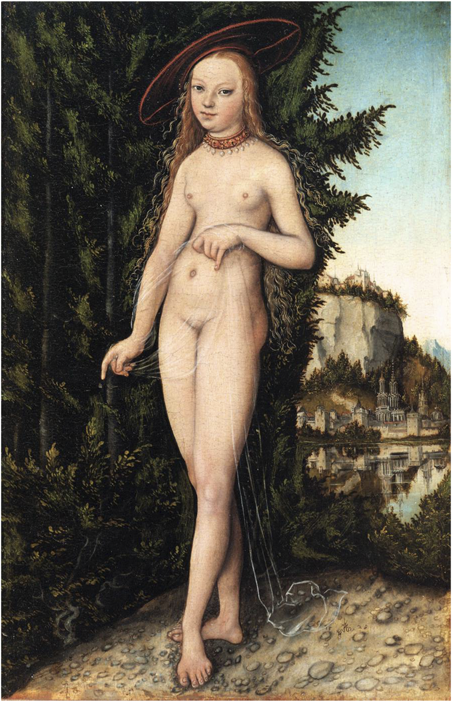 A nude woman stands amid lush greenery, wearing a red hat and ornate necklace. She pours water from a jug beside her. In the background, a landscape with a distant town is visible.