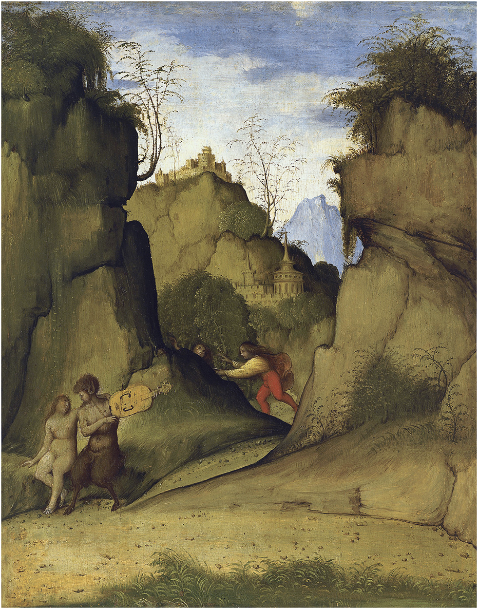 A pastoral landscape painting depicting a satyr playing a lute beside a seated nude figure on the left. On the right, two people observe from behind a rock. A lush, mountainous backdrop with a distant building under a blue sky enhances the scene's mythical ambiance.