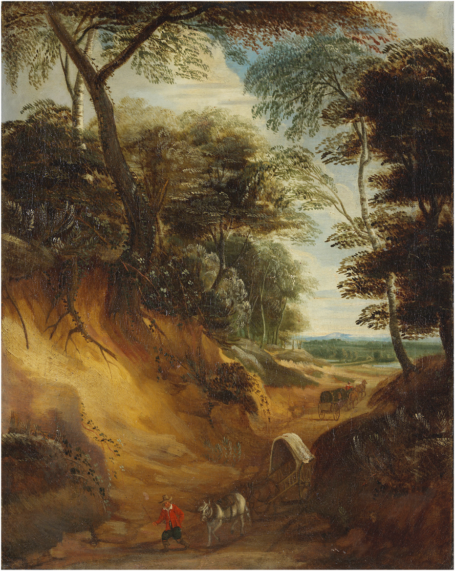 A landscape painting shows a forested scene with tall, lush trees under a partly cloudy sky. In the foreground, a person in a red jacket walks with a donkey pulling a small, covered cart along a dirt path. The path continues into the distance where other carriages follow, surrounded by dense greenery and rolling hills.