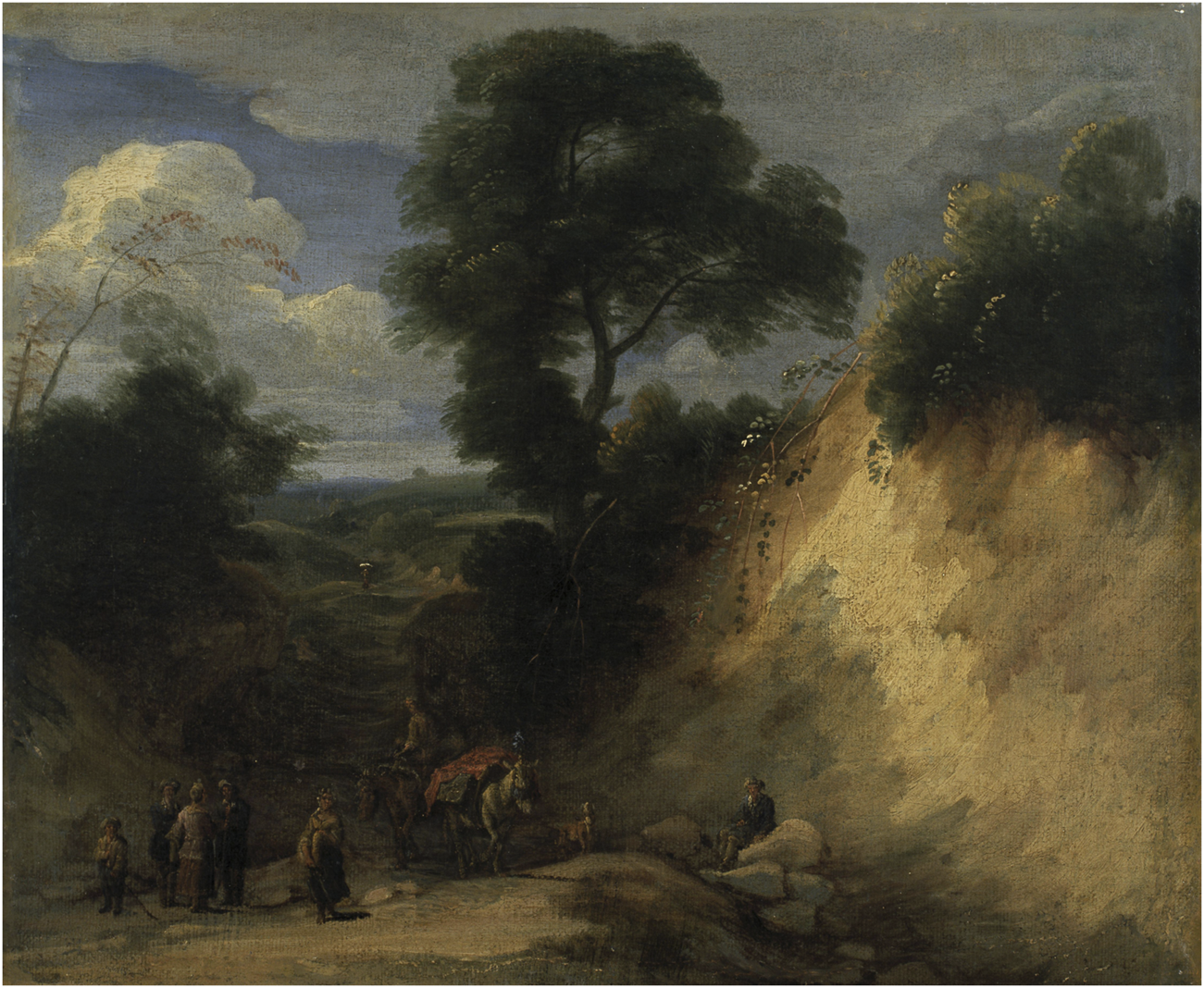 A landscape painting depicting a rural scene with several figures and a horse on a path. Two tall trees rise prominently, one on the left and one on the right, with dense foliage. The sky is partly cloudy, with dark and light clouds suggesting a change in weather. The figures appear to be engaged in conversation, and the path winds through a hilly, lush landscape. The scene conveys a sense of calm and pastoral life.