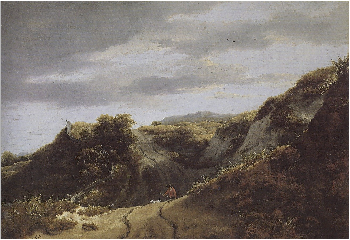 A serene landscape painting depicting a hilly terrain under a cloudy sky. A person in red clothing sits on a path with a dog, surrounded by lush greenery and rugged hills. A few birds are seen flying in the sky.