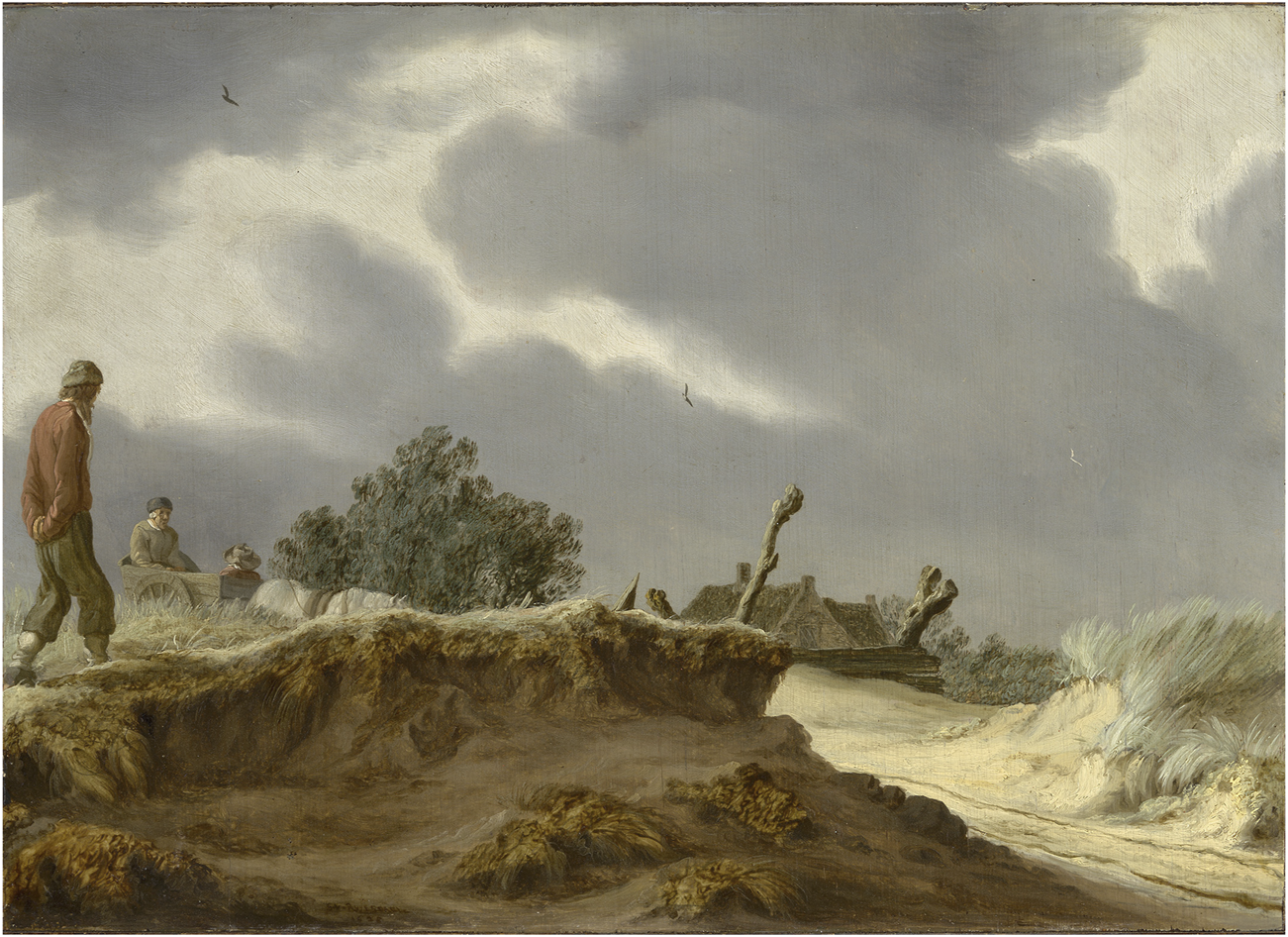 A landscape painting with a cloudy sky and a dirt path. A man wearing a red jacket and hat walks beside a horse-drawn cart with two figures. Trees and a thatched-roof house are in the background. A bird is visible in the sky.