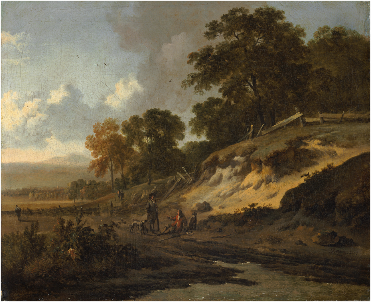 A landscape painting depicts a rural scene with two figures and several dogs on a dirt path. Trees with colorful autumn foliage are on the right, and a fence runs along a hill. The sky is mostly clear with some clouds, and birds are flying overhead.