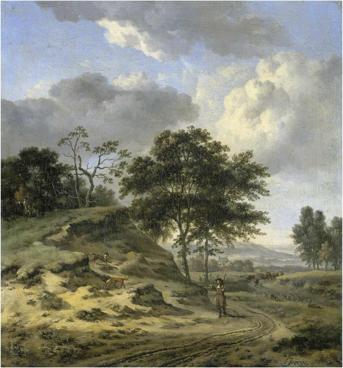 Landscape painting depicting a rural scene with a path winding through a sandy hill surrounded by lush green trees. Two dogs are visible on the path, and a man is standing nearby, holding a gun. The sky is partially cloudy, casting soft light over the landscape, and a distant horse-drawn cart is seen in the background.