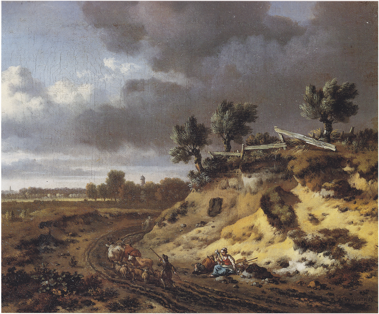 Pastoral landscape painting depicting a rural path winding through fields and hills. A woman wearing a blue and red dress sits by the side, while a herdsman leads cattle along the path. Dark clouds gather above, with sparse trees scattered across the scene.