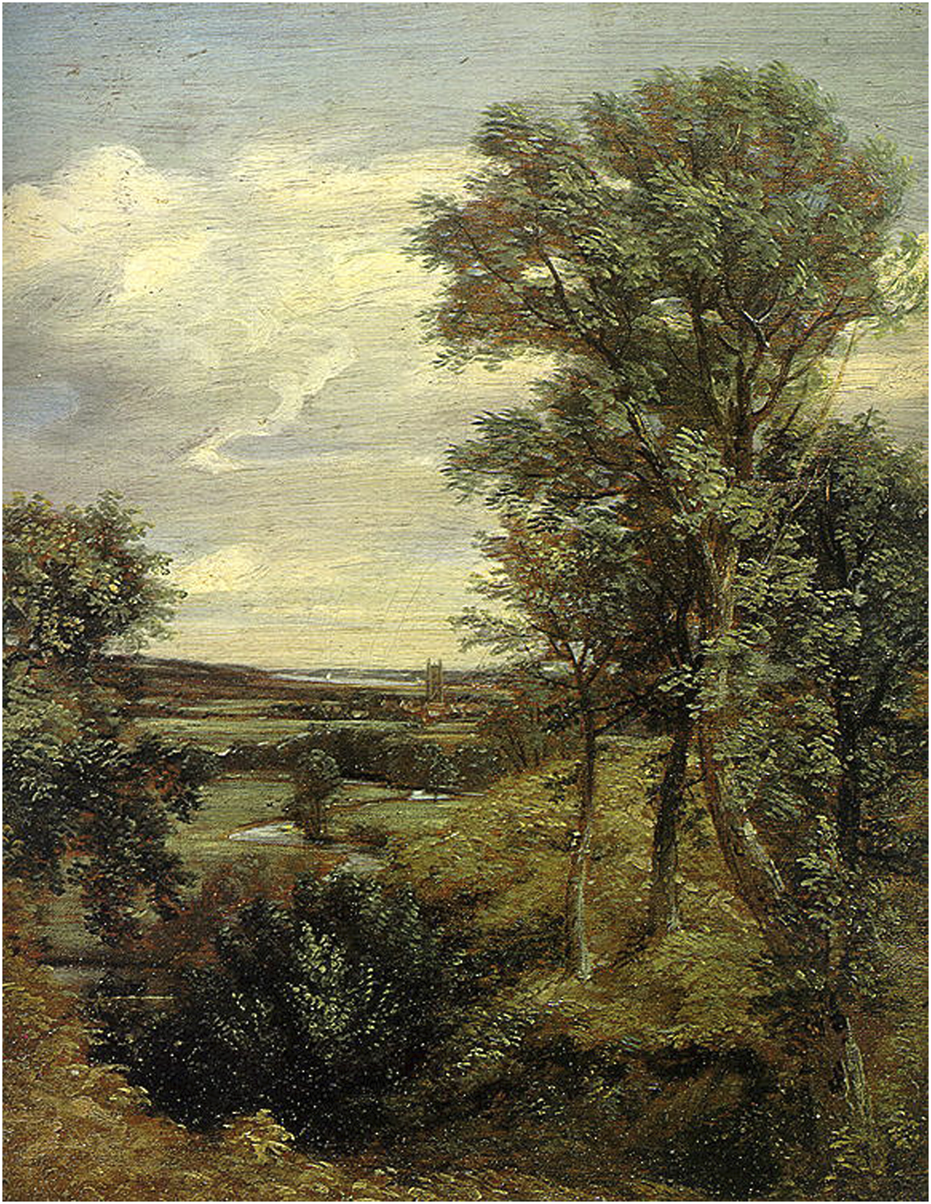 A pastoral landscape painting features tall trees in the foreground with green and brown foliage. Rolling hills and distant fields stretch toward the horizon beneath a cloudy sky, with a glimpse of a church tower visible in the distance.