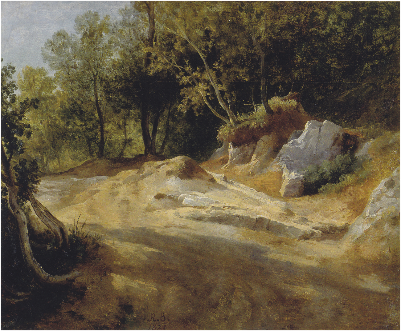 A landscape painting depicts a sunlit forest path surrounded by lush green trees and rocky formations. The scene conveys a sense of tranquility and natural beauty, with light filtering through the foliage.