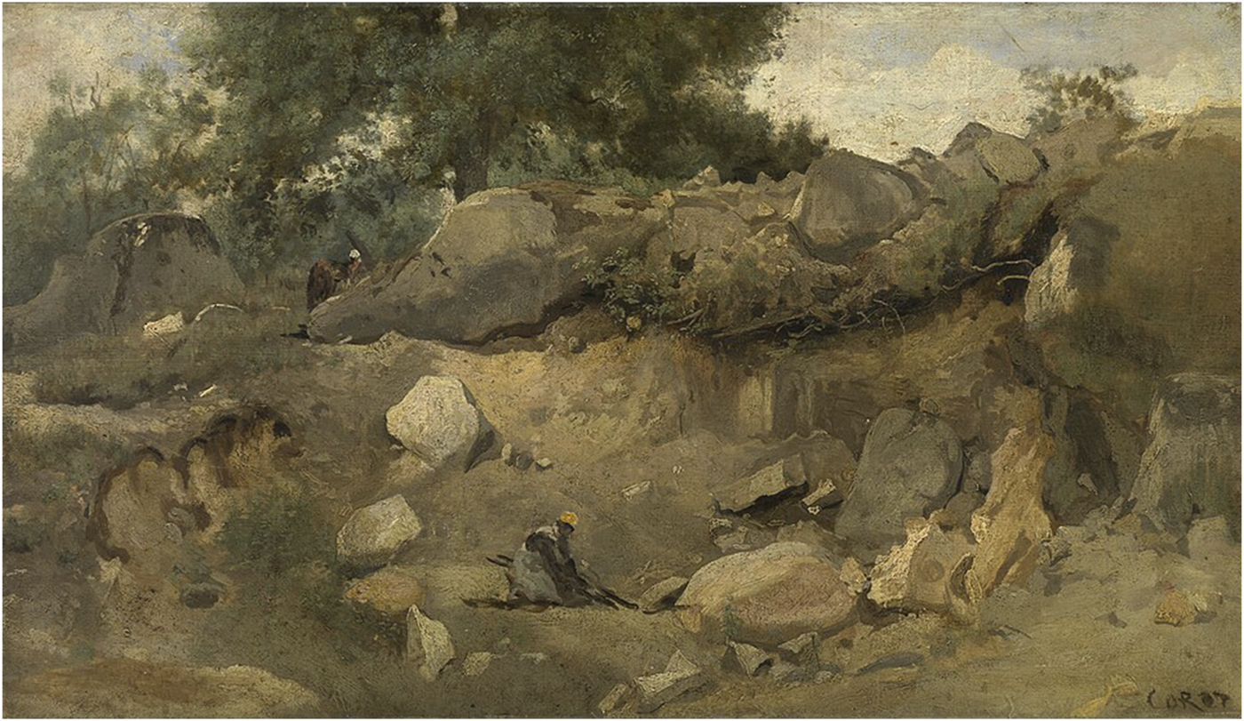 A landscape painting depicting a rocky terrain with scattered boulders and sparse vegetation. In the background, lush green trees partially obscure the sky. Two people can be seen; one dressed in dark clothing, standing on the left near the rocks, and another sitting in the foreground, wearing a yellow hat. The scene conveys a sense of tranquility and natural ruggedness.