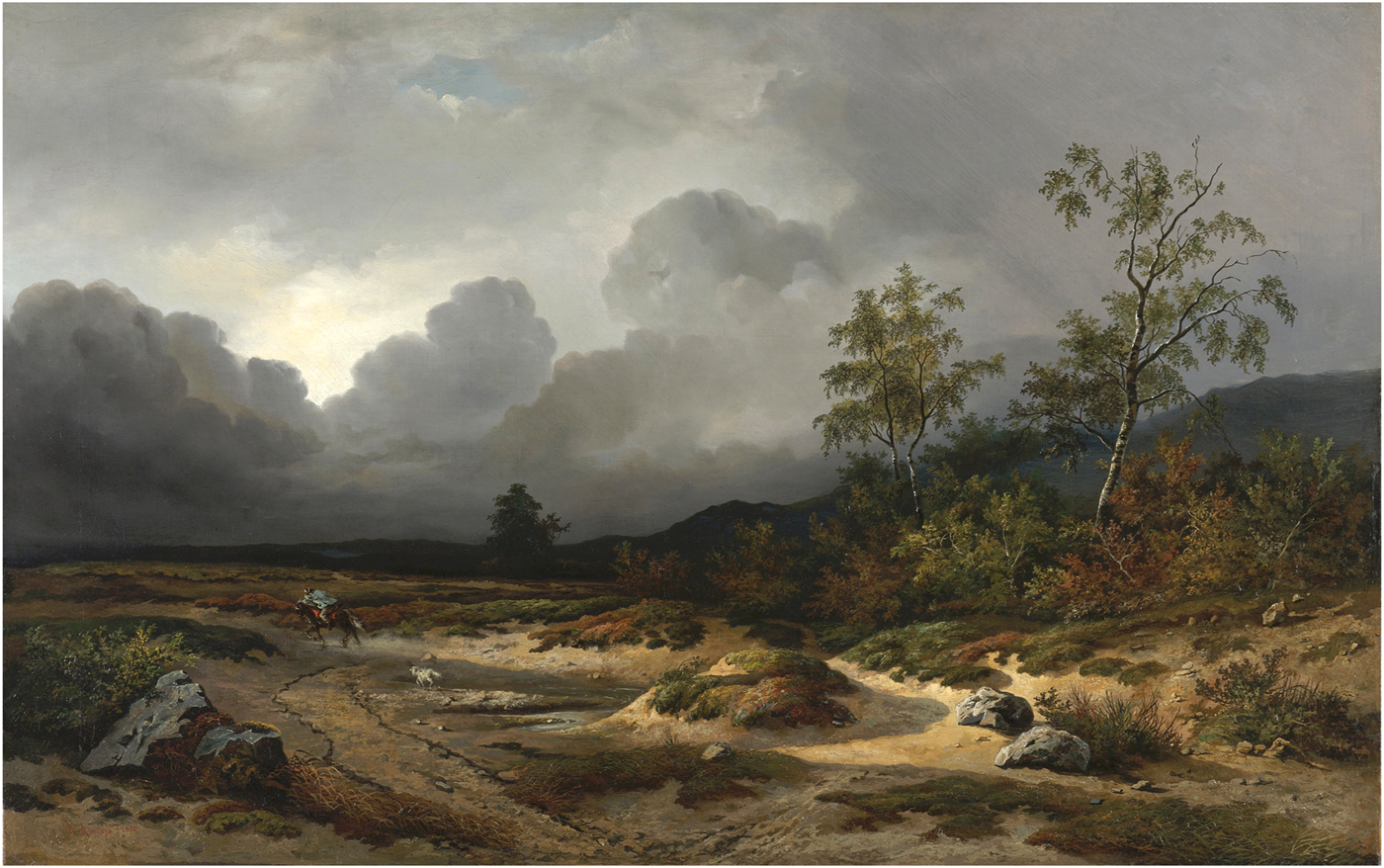 A landscape painting depicts a cloudy sky over a rural scene with trees and a winding path. A lone figure on horseback accompanied by a dog rides along the path. Sparse vegetation covers the rolling hills and rocky terrain.