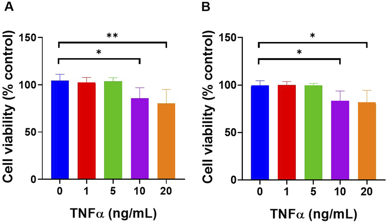 Bar graphs labeled A and B show cell viability percentages at different TNF alpha concentrations (0 to 20 ng/mL). Both graphs depict a decrease in viability with increasing concentration, with significant differences marked by asterisks. Colors represent different conditions.