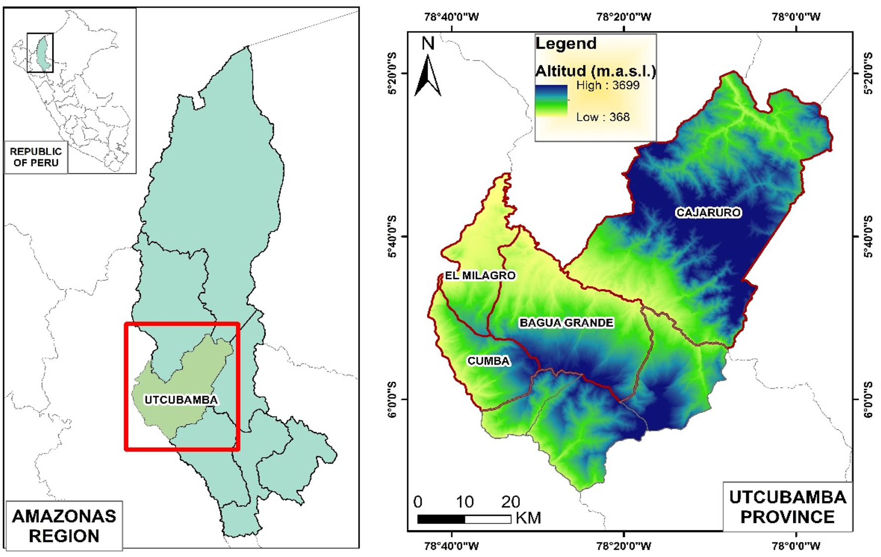 Map of the Utcubamba province in the Amazonas region of Peru. The left panel shows its location within Peru, highlighted in green and bordered in red. The right panel displays the province's altitude variation, color-coded from high (blue) to low (yellow), marked with locations like Cajaruro, Bagua Grande, Cumba, and El Milagro.