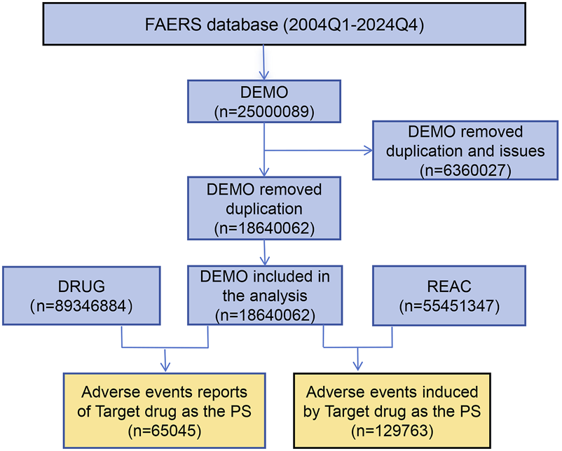 Flowchart of data extraction and processing from the FAERS database (2004 Q1 to 2024 Q4). It includes steps of demo data extraction (n=25,000,089), removal of duplication (n=18,640,062), and issues (n=6,360,027). DRUG (n=89,346,884) and REAC (n=55,451,347) lead to final analysis of adverse events reports of target drug as the primary suspect (PS), with counts: reports (n=65,045) and induced events (n=129,763).