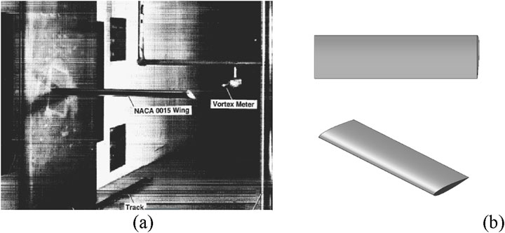 (a) Black and white photo showing a NACA 0015 wing in a wind tunnel with labels indicating the position of a vortex meter and track. (b) Gray 3D model of an airfoil with a streamlined shape shown from two angles.
