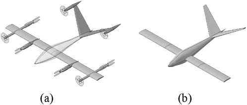 Two illustrations of aircraft designs. (a) Features a quad-propeller aircraft with a central fuselage and extended wings. (b) Shows a single-propeller aircraft with a streamlined body and simpler wing structure.