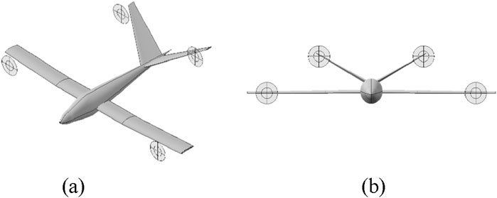 Two diagrams of an aircraft design are shown. (a) Depicts an aircraft with a sleek fuselage and wings, each having a propeller at the ends. (b) Displays a frontal view showing the aircraft's symmetrical structure with four propellers forming a cross configuration.
