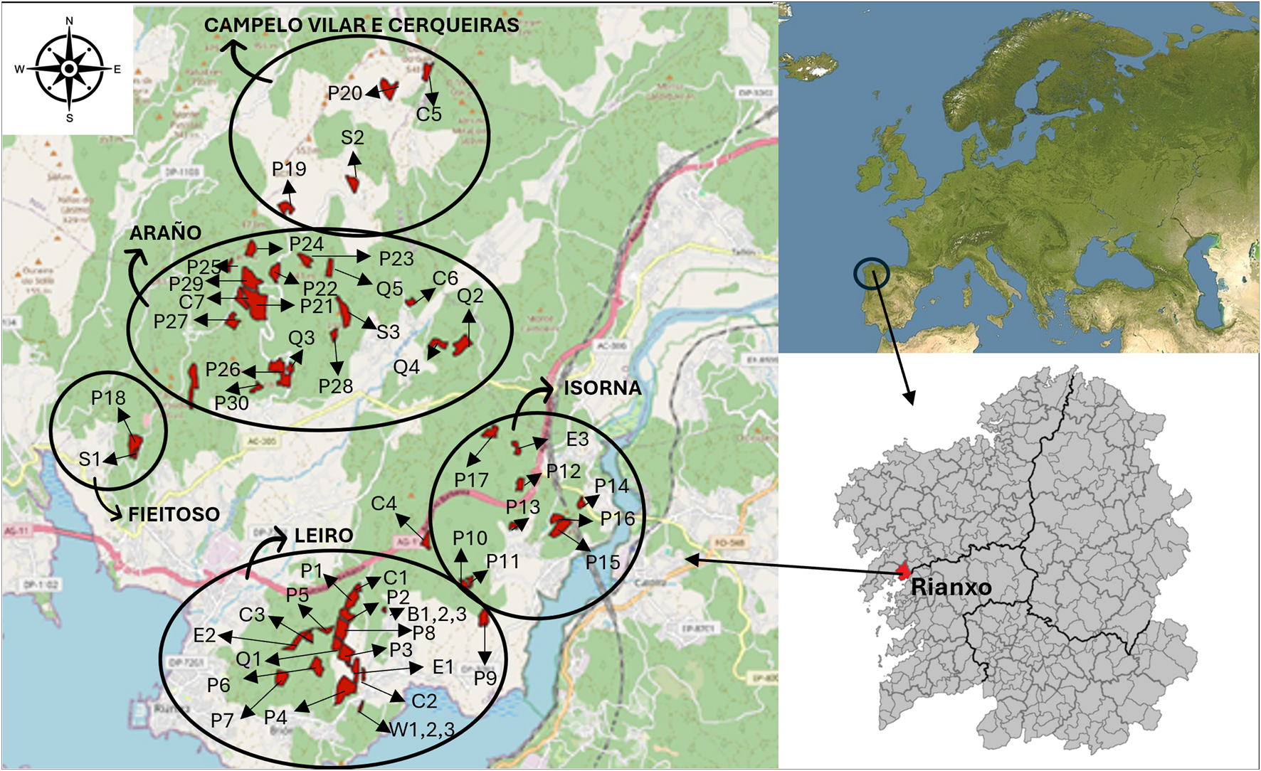 Map of Rianxo (Spain) showing several marked locations that are located within the properties of different Forest Communities (Campelo, Vilar e Cerqueiras, Araño, Isorna and Leiro.Surrounding maps show Rianxo’s location within Europe and its position in a regional context. A compass rose is included for orientation.