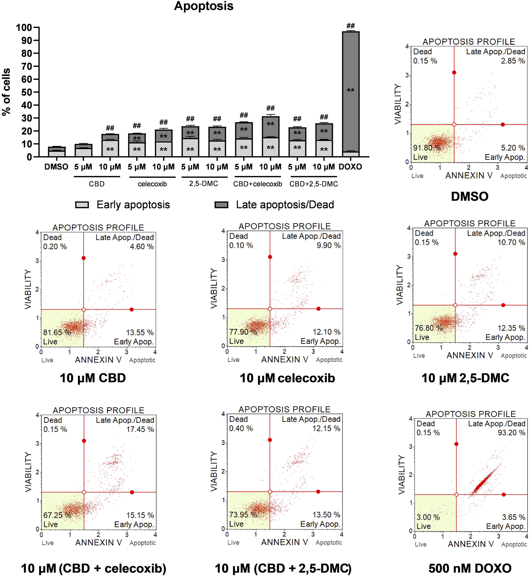 Bar chart and flow cytometry plots illustrate the percentage of cells undergoing early and late apoptosis under different treatments: DMSO, CBD, celecoxib, 2,5-DMC, CBD with celecoxib, CBD with 2,5-DMC, and DOXO. The bar chart shows a significant increase in late apoptosis/dead cells with DOXO. The flow cytometry plots display viability and annexin V levels, with percentages of live, early apoptosis, late apoptosis, and dead cells.