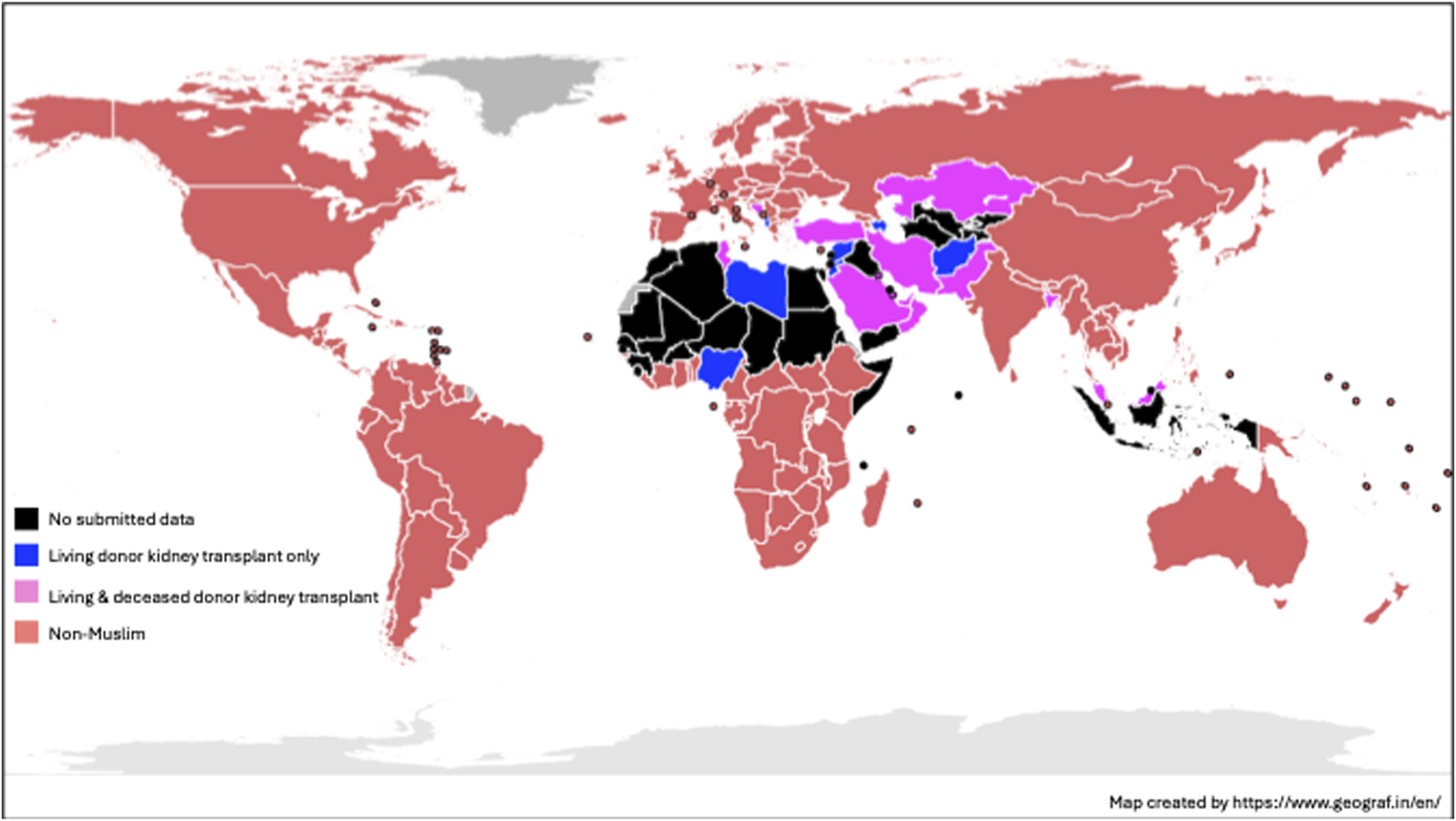 World map showing the distribution of kidney transplants in Muslim and non-Muslim countries. Black indicates no submitted data, blue represents living donor kidney transplants only, pink signifies both living and deceased donor kidney transplants, and red indicates non-Muslim countries.
