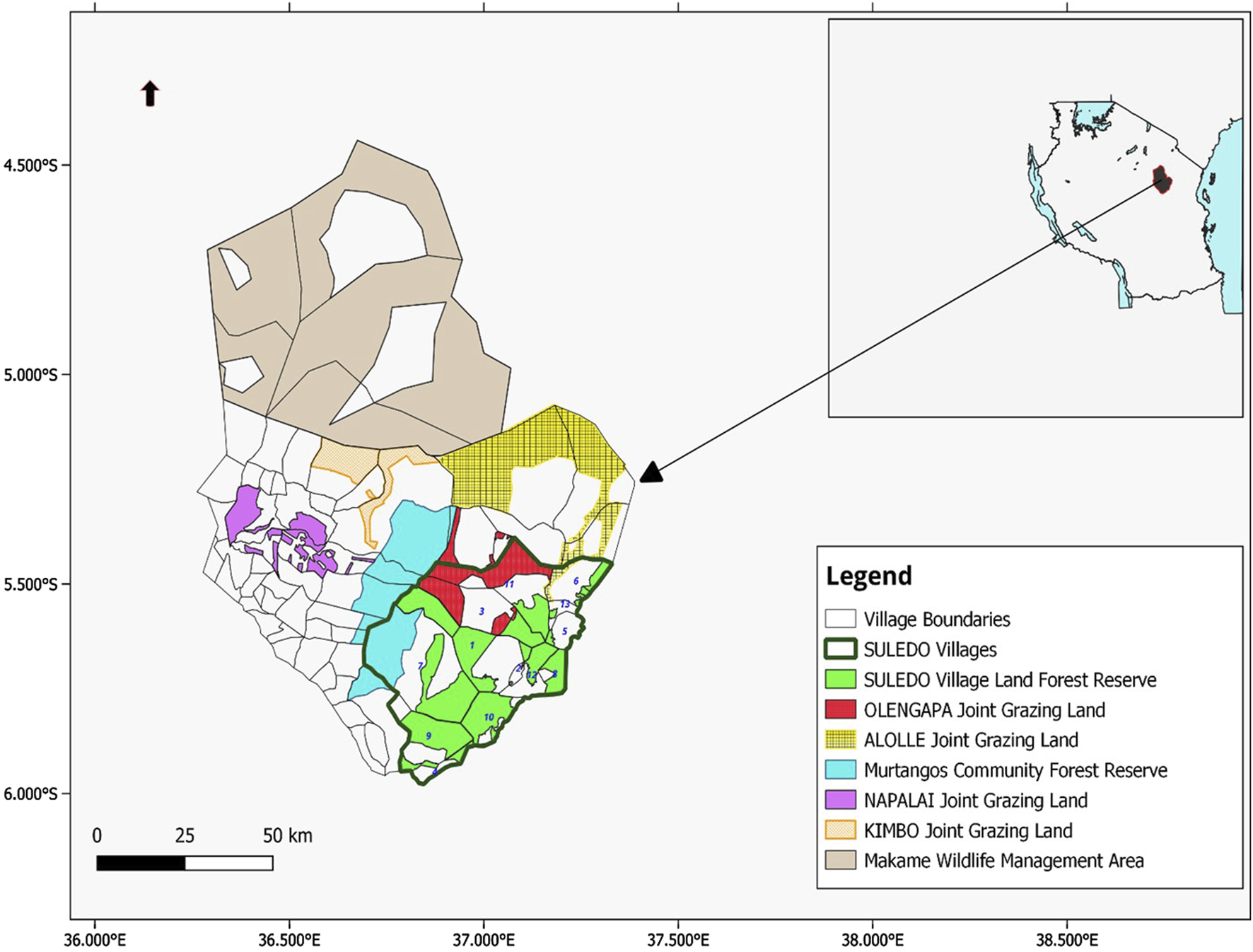 Map showing village boundaries and various land uses in a region, identified by color-coded areas. The legend includes designations for different reserves and grazing lands, such as SULEDO Village Land Forest Reserve and OLENGAPA Joint Grazing Land. An inset map highlights the location within a larger context.