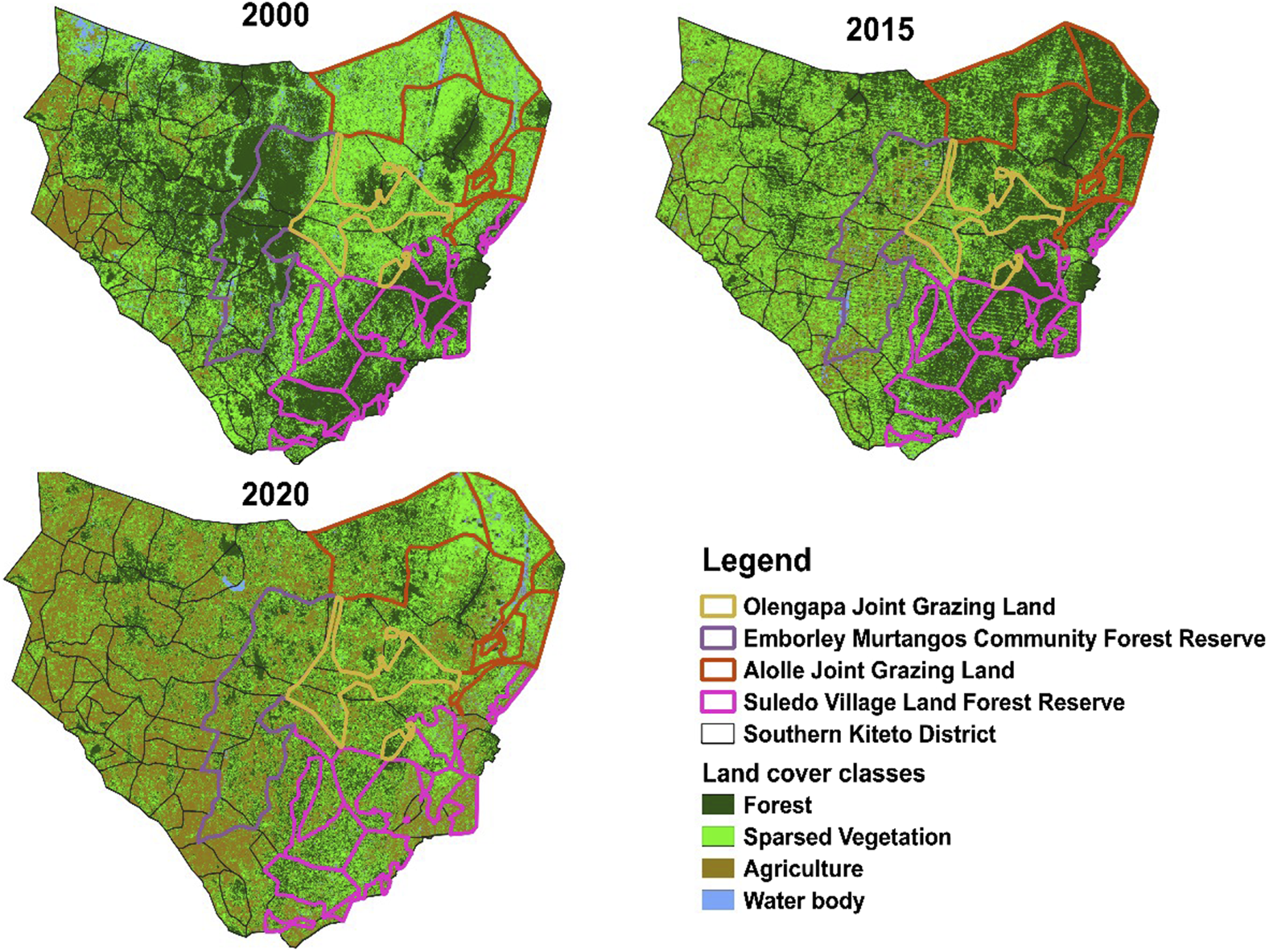 Three maps from 2000, 2015, and 2020 depict land cover changes in Southern Kiteto District. Regions are highlighted in colors showing forest, sparse vegetation, agriculture, and water bodies. Key areas include Olengapa, Emborley Murtangos, Alolle, and Suledo, identified by different border colors. A legend explains land cover classes and protected zones.