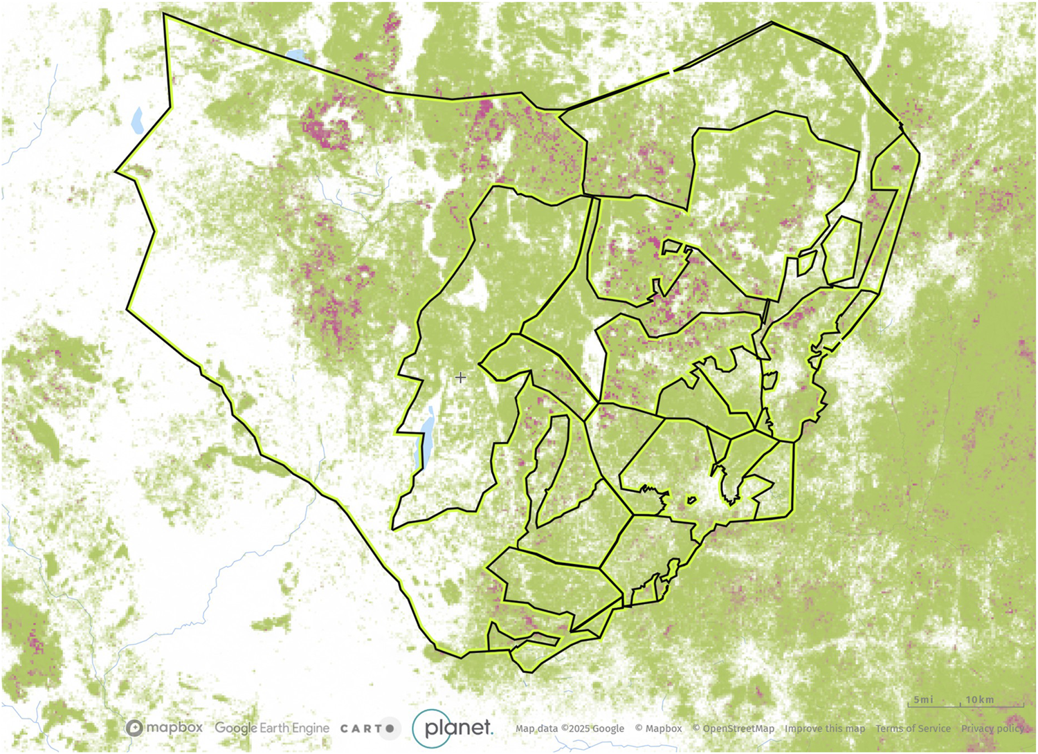 Map depicting Southern Kiteto with designated forest and grazing lands with boundaries in black. The area is predominantly green, indicating vegetation or forest cover, with scattered pink patches suggesting developed areas. Blue waterways traverse the region. The map includes logos for Mapbox, Google Earth Engine, CARTO, and Planet at the bottom.