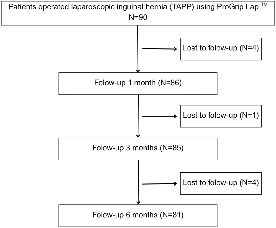 Flowchart depicting follow-up of 90 patients who underwent laparoscopic inguinal hernia operation using ProGrip Lap. At one month, 86 patients followed up, with 4 lost. At three months, 85 followed up, with 1 more lost. By six months, 81 followed up, with an additional 4 lost.