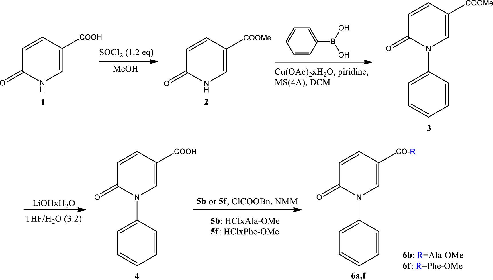 Chemical reaction scheme showing the synthesis of compounds. Starting with compound 1, COOH group reacts with SOCl2 in MeOH to form compound 2. Compound 2 reacts with benzoxaborole in the presence of copper acetate, pyridine, molecular sieves, and dichloromethane to form compound 3. Compound 3 is converted to compound 4 using lithium hydroxide in THF/water. Compound 4 reacts with 5b or 5f in the presence of ClCOOBn and NMM to yield compound 6a,f, where 6b has R= Ala-OMe and 6f has R= Phe-OMe.