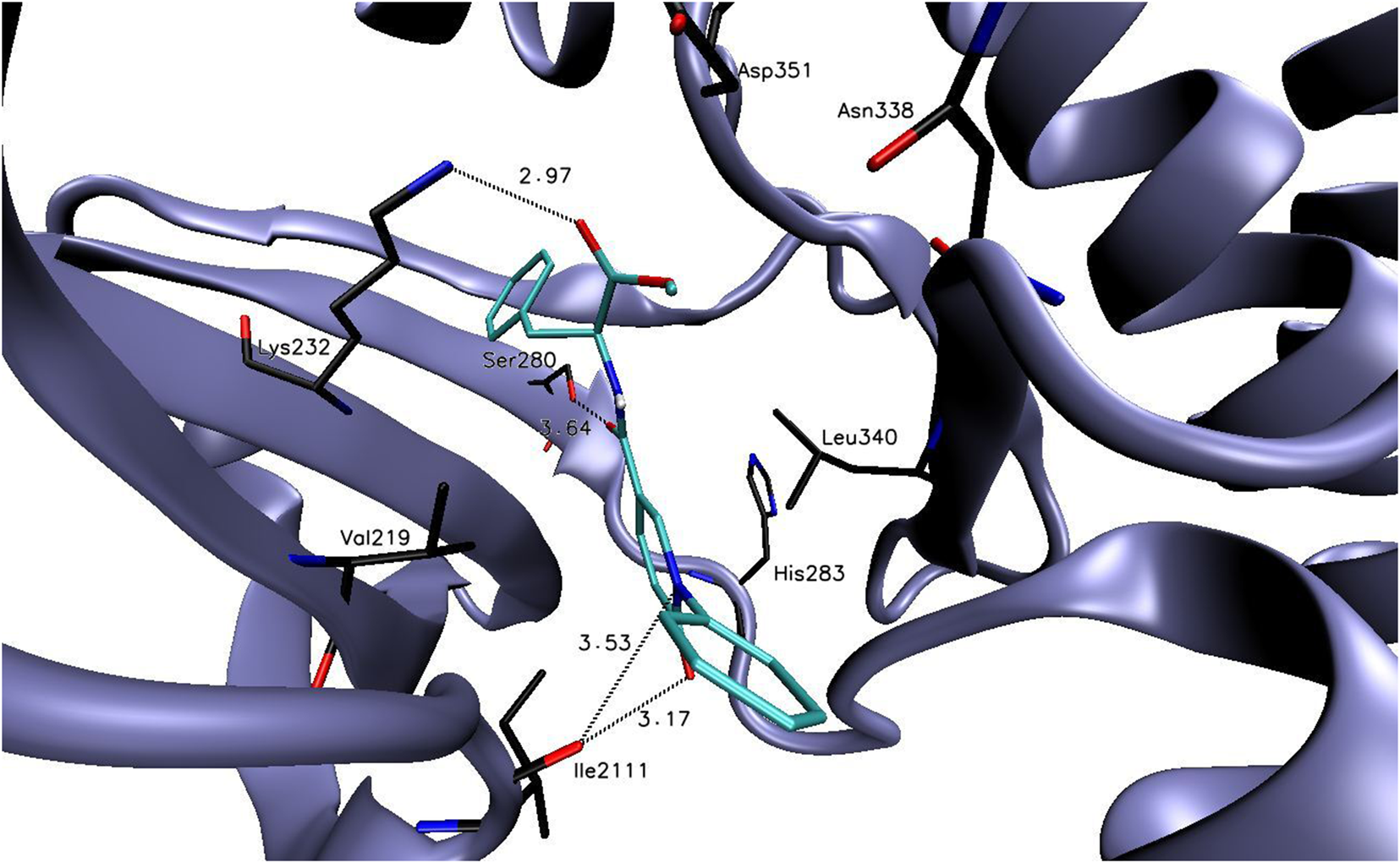 Molecular model showing a protein structure with helices and strands, labeled with amino acid residues such as Asp351, Asn338, Leu340, and Ile2111. Distances between residues are noted, indicating possible interactions or binding sites.